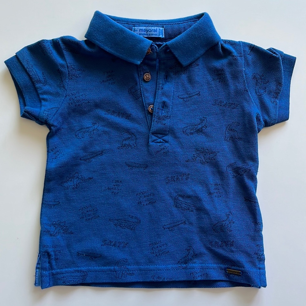 Blue Polo with Dinos and Skateboards by Mayoral, 6 mos.